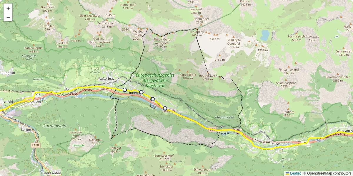 Nahverkehrsnetz in innerbraz, Österreich - Buslinien, Haltestellen und Verbindungen auf der Karte