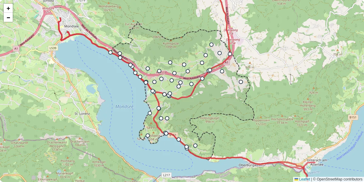 Nahverkehrsnetz in innerschwand-am-mondsee, Österreich - Buslinien, Haltestellen und Verbindungen auf der Karte