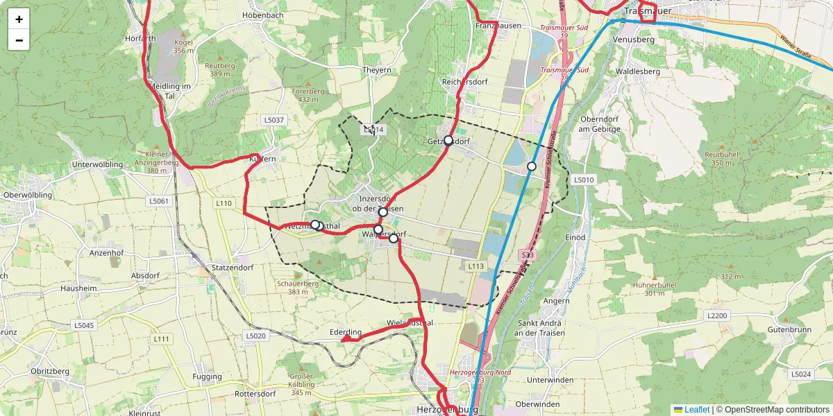 Nahverkehrsnetz in inzersdorf-getzersdorf, Österreich - Buslinien, Haltestellen und Verbindungen auf der Karte
