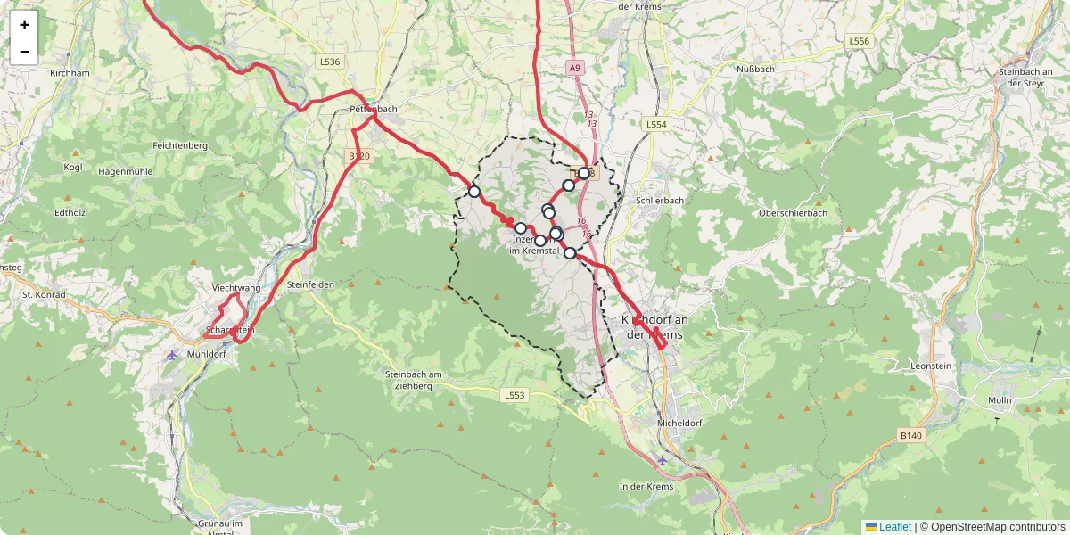 Nahverkehrsnetz in inzersdorf-im-kremstal, Österreich - Buslinien, Haltestellen und Verbindungen auf der Karte