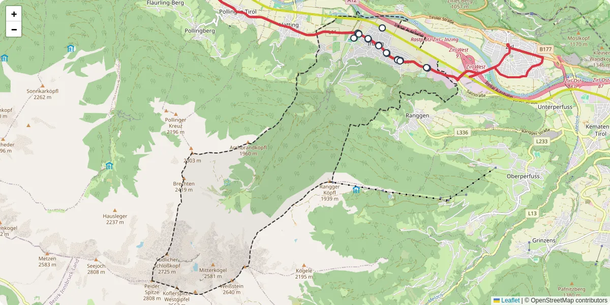 Nahverkehrsnetz in inzing, Österreich - Buslinien, Haltestellen und Verbindungen auf der Karte