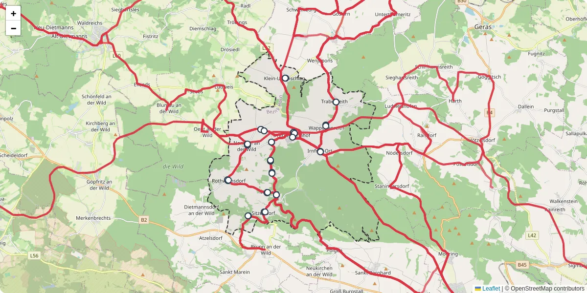Nahverkehrsnetz in irnfritz-messern, Österreich - Buslinien, Haltestellen und Verbindungen auf der Karte