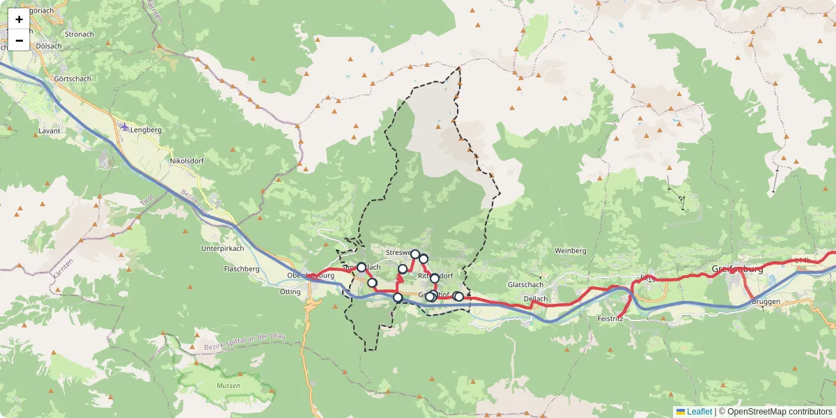 Nahverkehrsnetz in irschen, Österreich - Buslinien, Haltestellen und Verbindungen auf der Karte