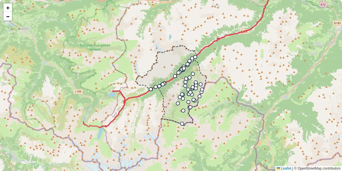 Nahverkehrsnetz in ischgl, Österreich - Buslinien, Haltestellen und Verbindungen auf der Karte