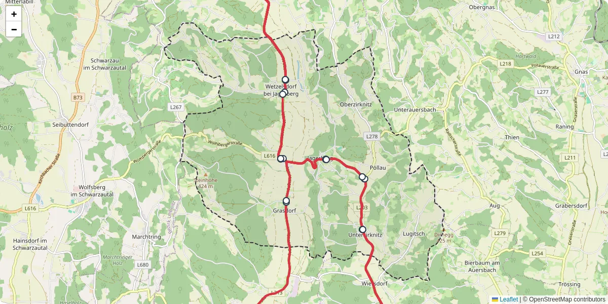 Nahverkehrsnetz in jagerberg, Österreich - Buslinien, Haltestellen und Verbindungen auf der Karte