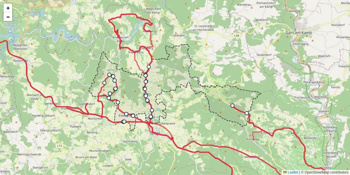 Nahverkehrsnetz in jaidhof, Österreich - Buslinien, Haltestellen und Verbindungen auf der Karte