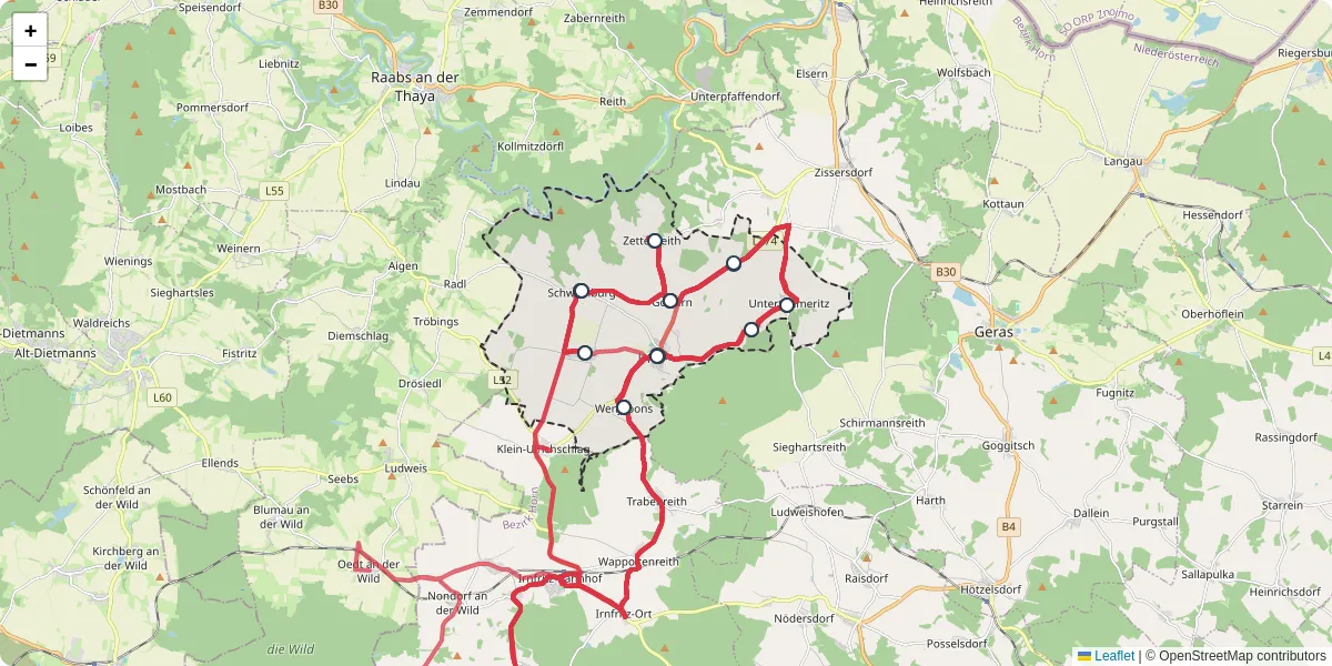 Nahverkehrsnetz in japons, Österreich - Buslinien, Haltestellen und Verbindungen auf der Karte