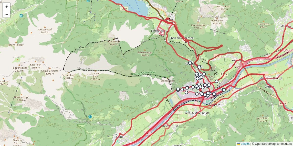 Nahverkehrsnetz in jenbach, Österreich - Buslinien, Haltestellen und Verbindungen auf der Karte