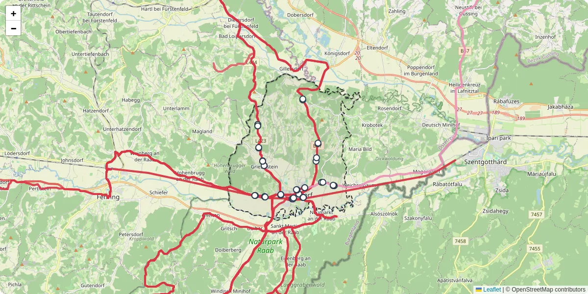 Nahverkehrsnetz in jennersdorf, Österreich - Buslinien, Haltestellen und Verbindungen auf der Karte
