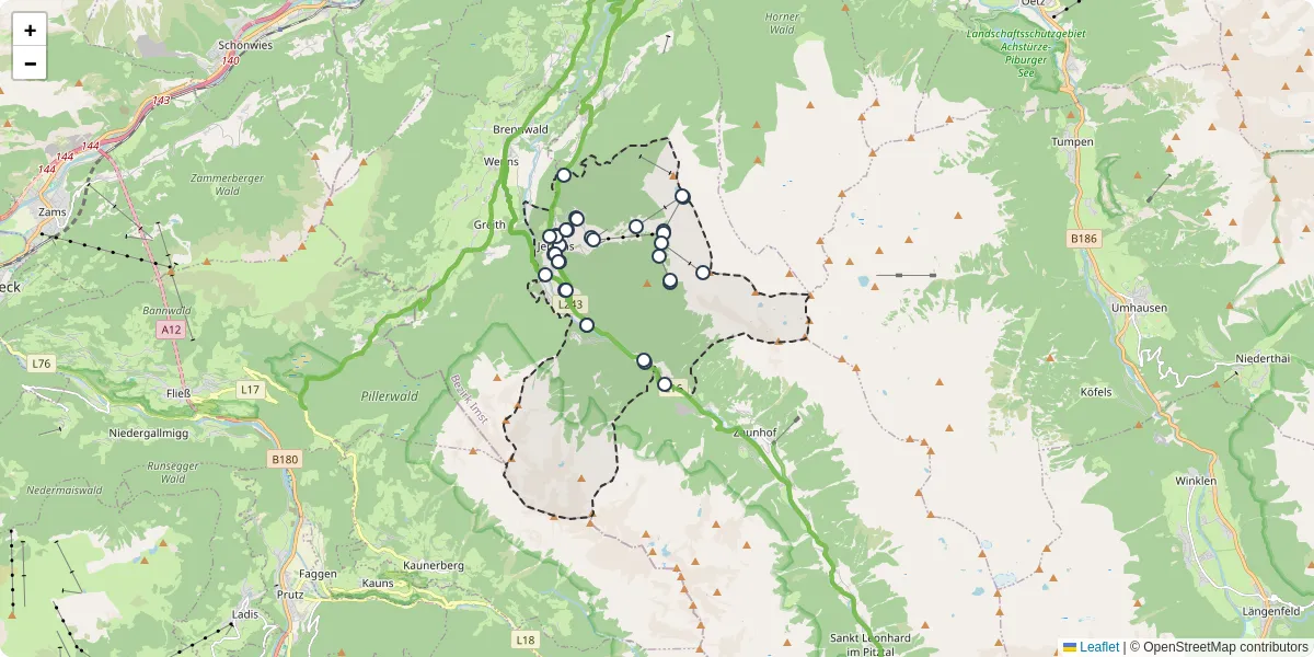 Nahverkehrsnetz in jerzens, Österreich - Buslinien, Haltestellen und Verbindungen auf der Karte
