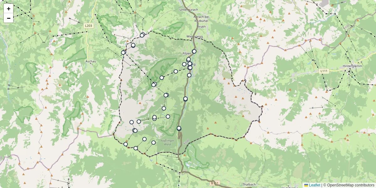 Nahverkehrsnetz in jochberg, Österreich - Buslinien, Haltestellen und Verbindungen auf der Karte