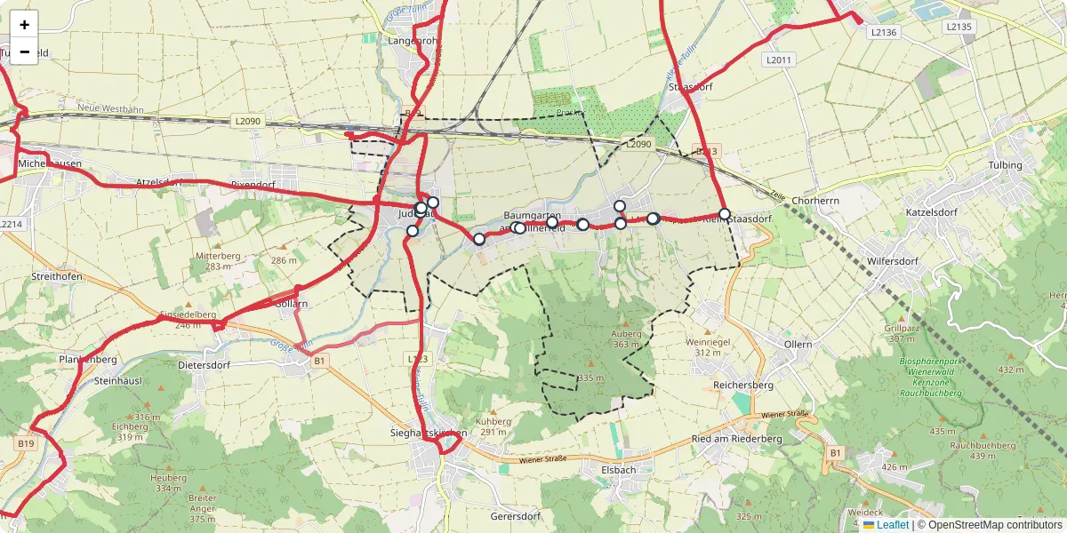 Nahverkehrsnetz in judenau-baumgarten, Österreich - Buslinien, Haltestellen und Verbindungen auf der Karte