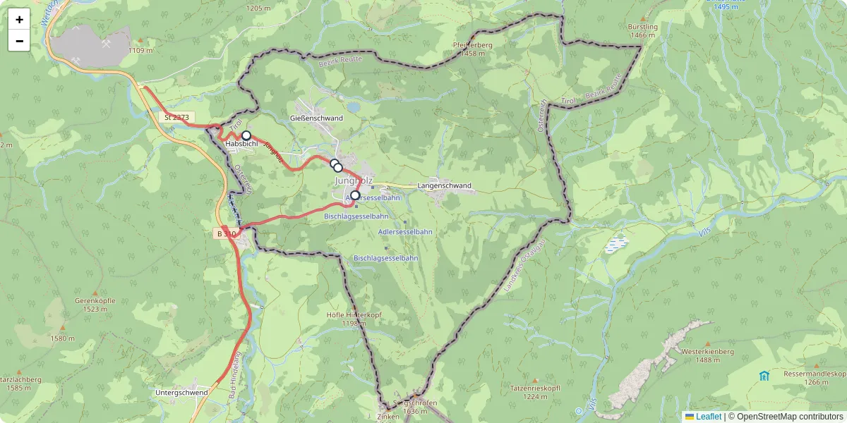 Nahverkehrsnetz in jungholz, Österreich - Buslinien, Haltestellen und Verbindungen auf der Karte