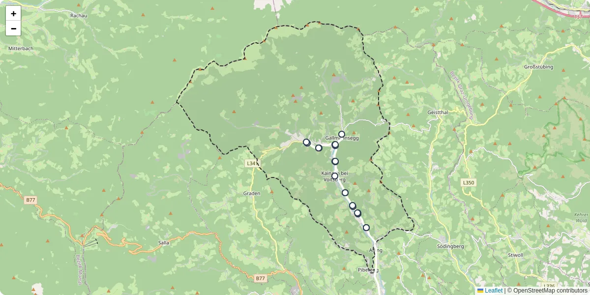 Nahverkehrsnetz in kainach-bei-voitsberg, Österreich - Buslinien, Haltestellen und Verbindungen auf der Karte
