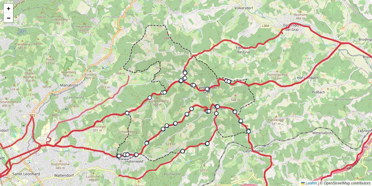 Nahverkehrsnetz in kainbach-bei-graz, Österreich - Buslinien, Haltestellen und Verbindungen auf der Karte