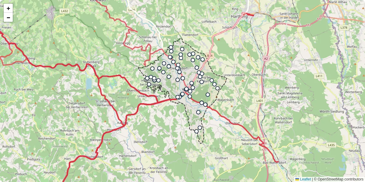 Nahverkehrsnetz in kaindorf, Österreich - Buslinien, Haltestellen und Verbindungen auf der Karte