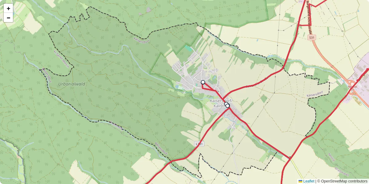 Nahverkehrsnetz in kaisersdorf, Österreich - Buslinien, Haltestellen und Verbindungen auf der Karte