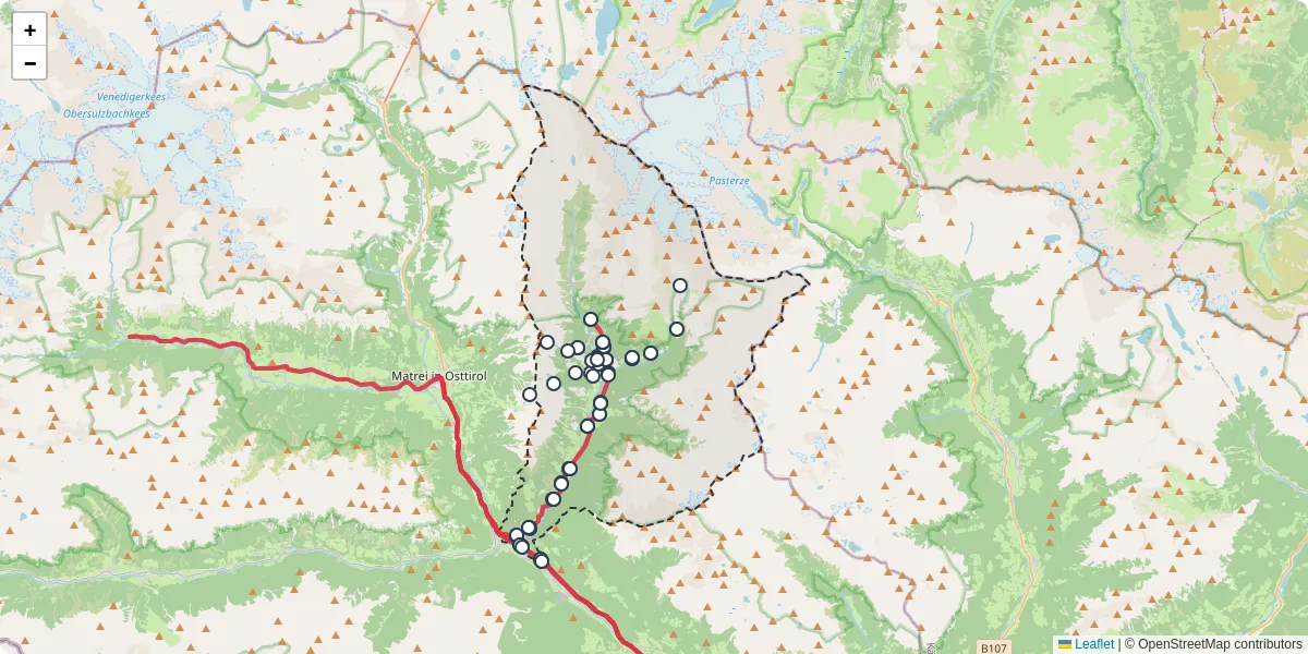 Nahverkehrsnetz in kals-am-groglockner, Österreich - Buslinien, Haltestellen und Verbindungen auf der Karte