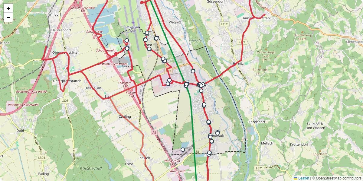 Nahverkehrsnetz in kalsdorf, Österreich - Buslinien, Haltestellen und Verbindungen auf der Karte