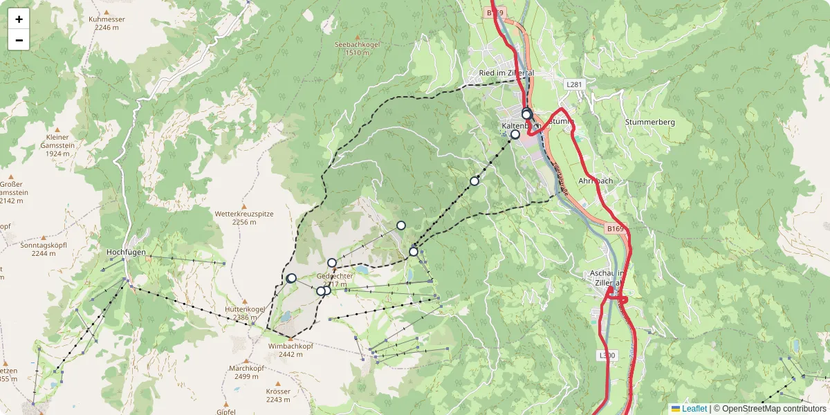 Nahverkehrsnetz in kaltenbach, Österreich - Buslinien, Haltestellen und Verbindungen auf der Karte
