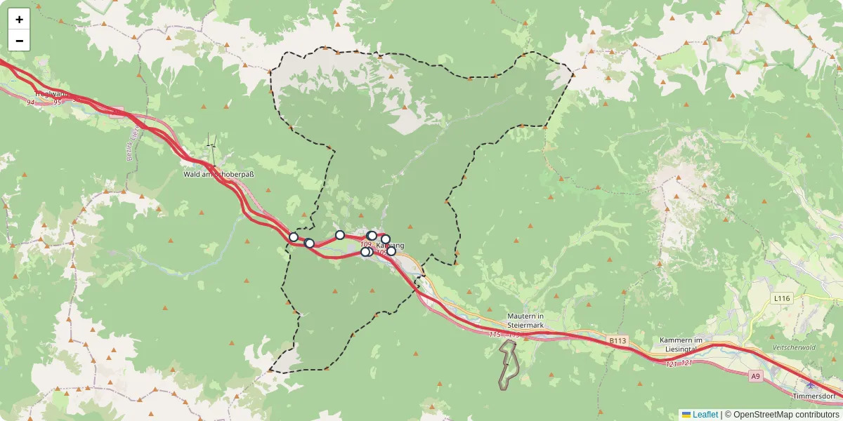 Nahverkehrsnetz in kalwang, Österreich - Buslinien, Haltestellen und Verbindungen auf der Karte