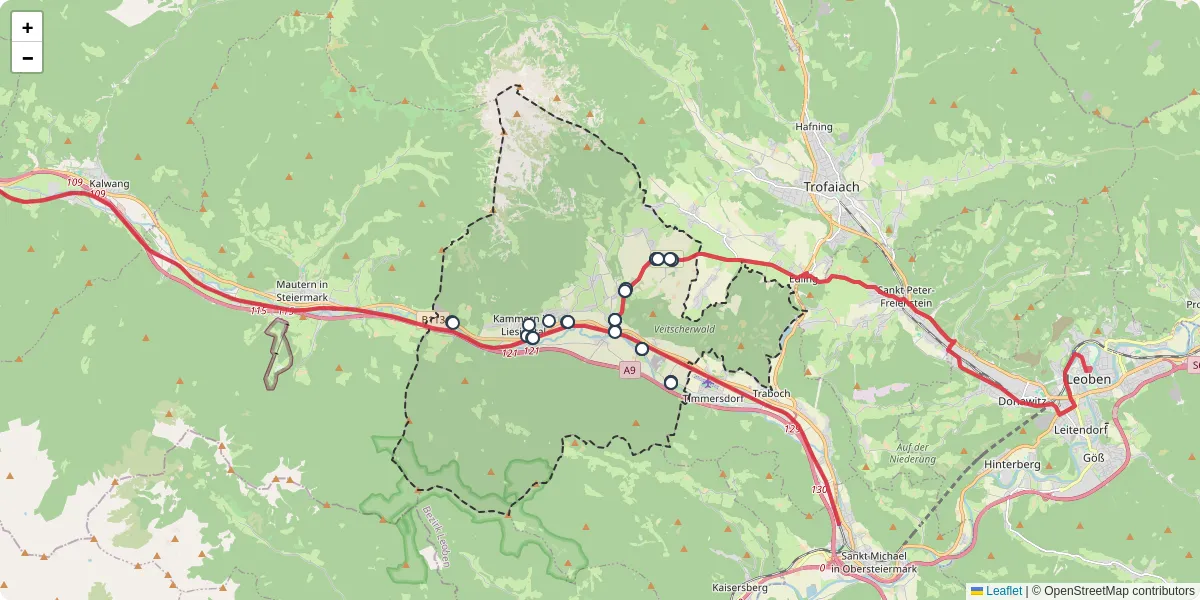 Nahverkehrsnetz in kammern-im-liesingtal, Österreich - Buslinien, Haltestellen und Verbindungen auf der Karte