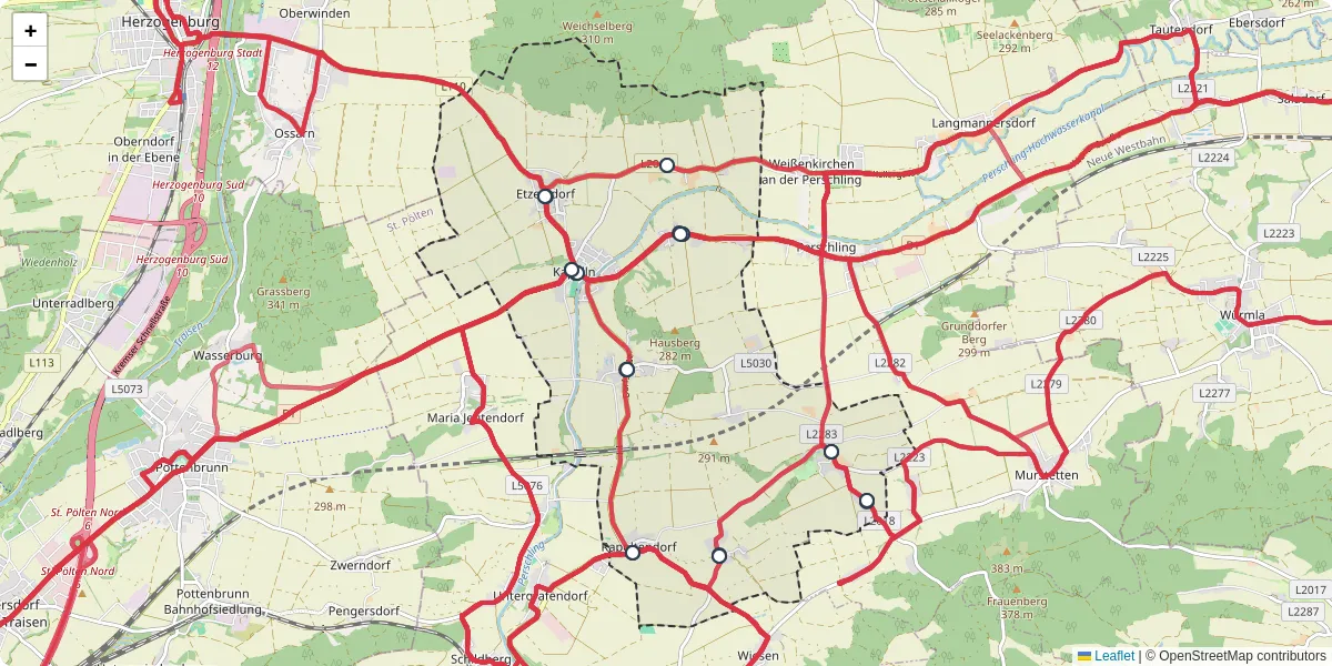 Nahverkehrsnetz in kapelln, Österreich - Buslinien, Haltestellen und Verbindungen auf der Karte