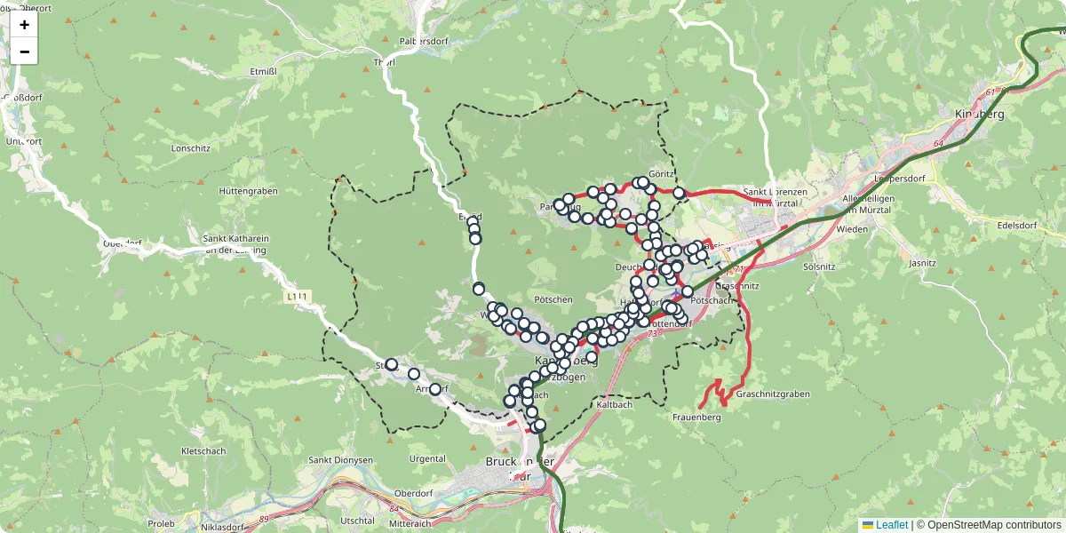 Nahverkehrsnetz in kapfenberg, Österreich - Buslinien, Haltestellen und Verbindungen auf der Karte