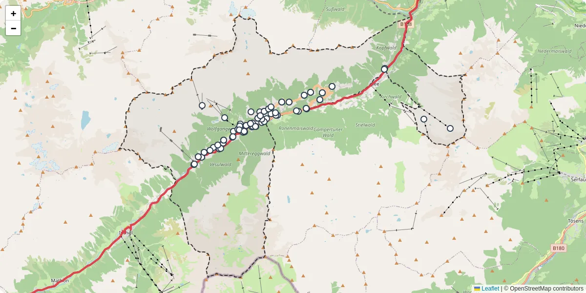 Nahverkehrsnetz in kappl, Österreich - Buslinien, Haltestellen und Verbindungen auf der Karte
