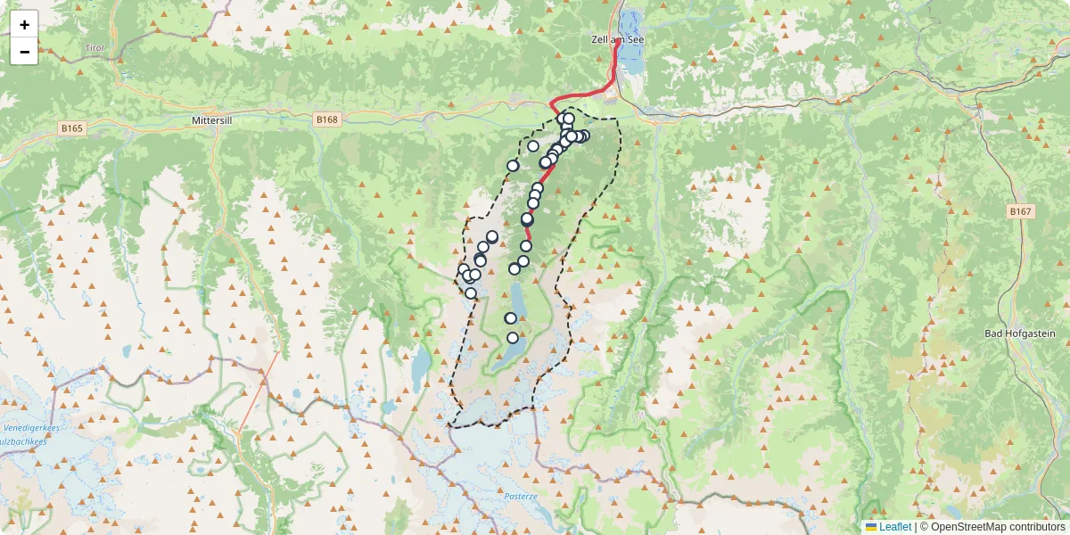 Nahverkehrsnetz in kaprun, Österreich - Buslinien, Haltestellen und Verbindungen auf der Karte
