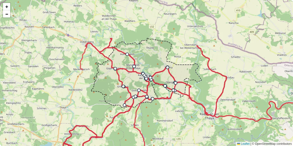 Nahverkehrsnetz in karlstein-an-der-thaya, Österreich - Buslinien, Haltestellen und Verbindungen auf der Karte