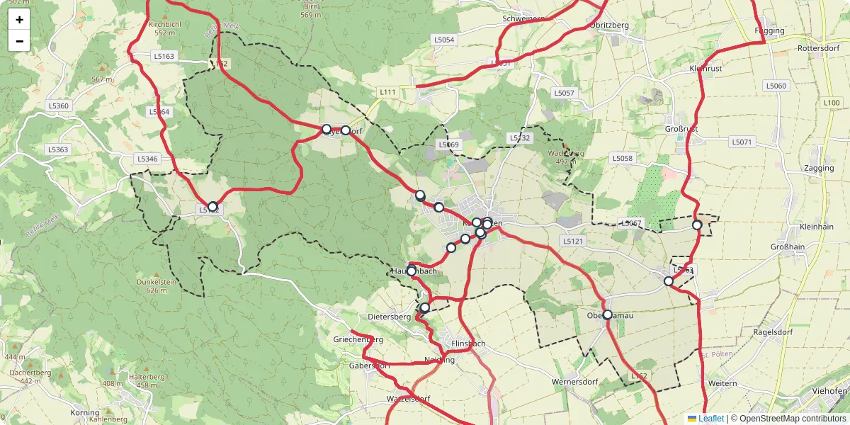 Nahverkehrsnetz in karlstetten, Österreich - Buslinien, Haltestellen und Verbindungen auf der Karte