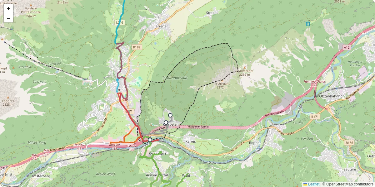 Nahverkehrsnetz in karrosten, Österreich - Buslinien, Haltestellen und Verbindungen auf der Karte