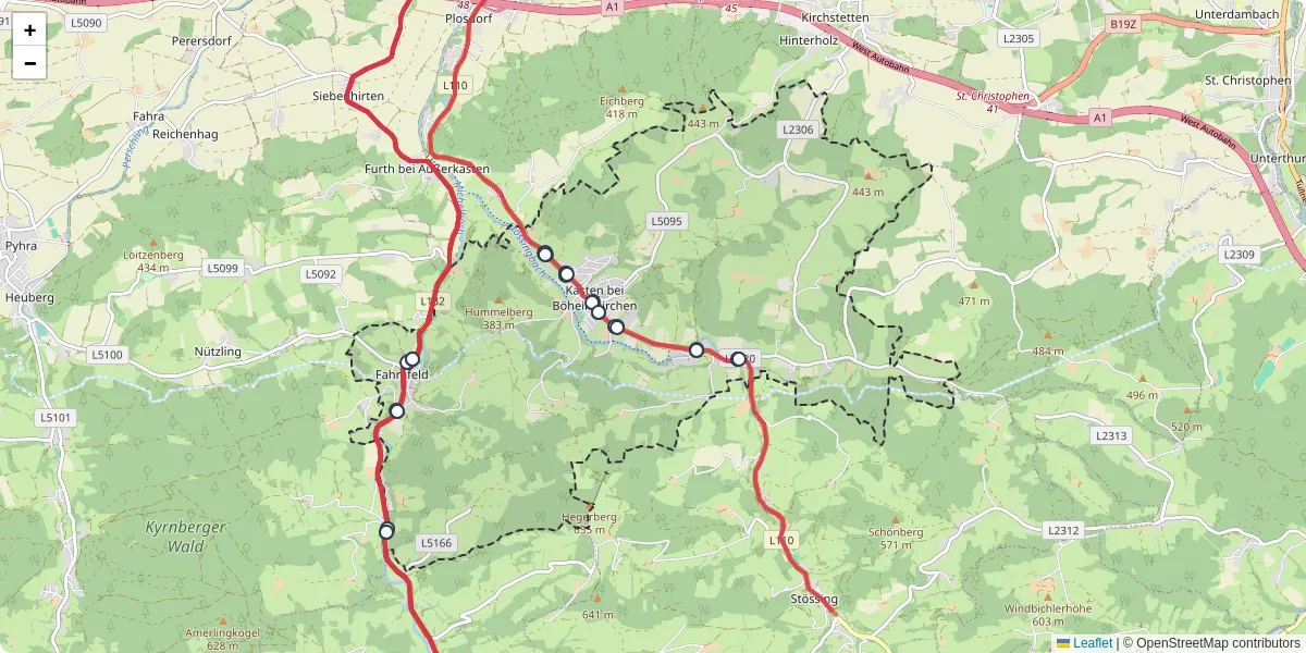 Nahverkehrsnetz in kasten-bei-boheimkirchen, Österreich - Buslinien, Haltestellen und Verbindungen auf der Karte