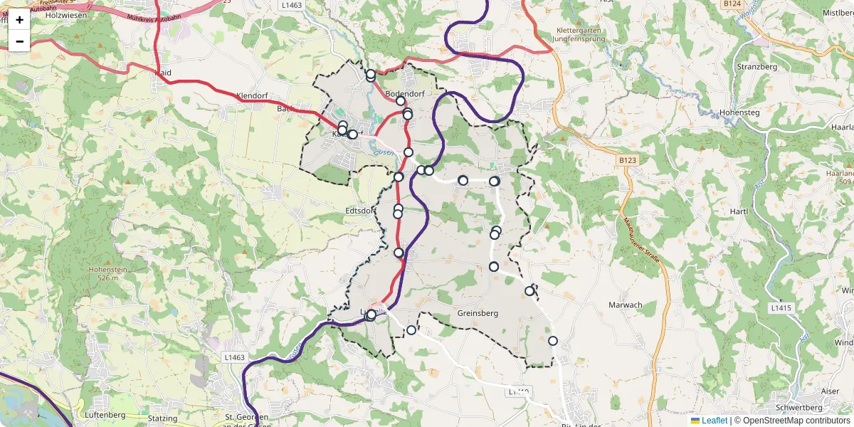 Nahverkehrsnetz in katsdorf, Österreich - Buslinien, Haltestellen und Verbindungen auf der Karte
