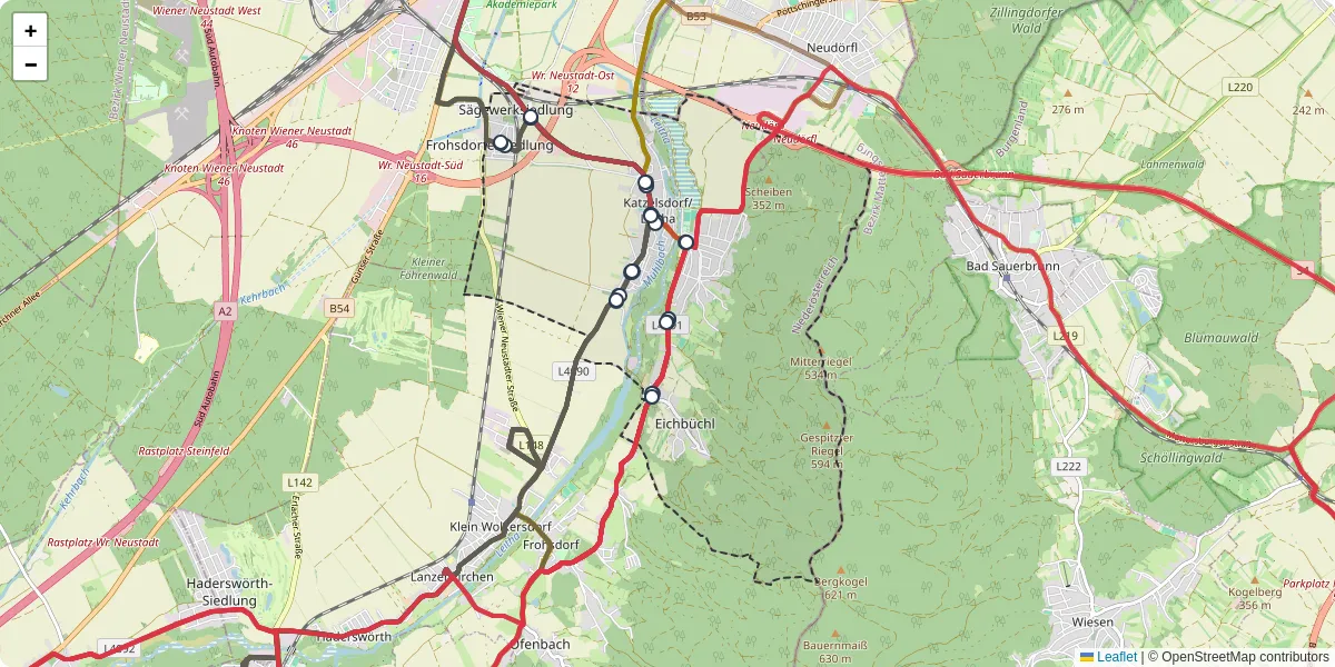 Nahverkehrsnetz in katzelsdorf, Österreich - Buslinien, Haltestellen und Verbindungen auf der Karte