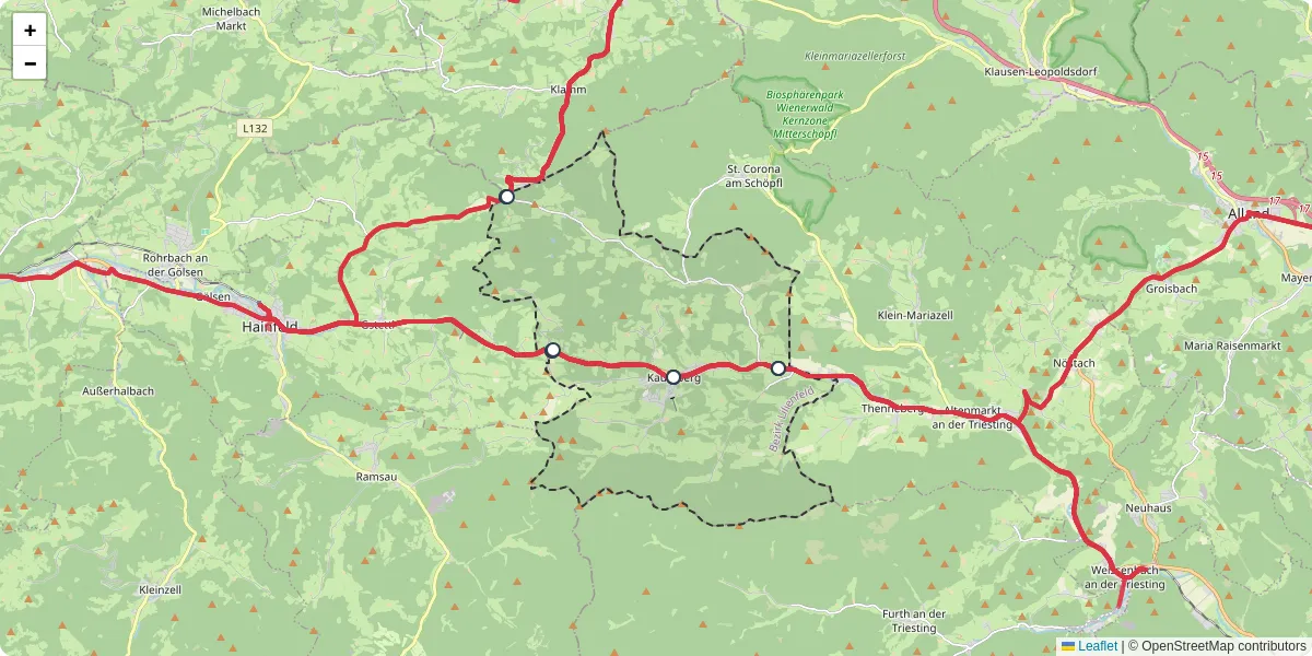 Nahverkehrsnetz in kaumberg, Österreich - Buslinien, Haltestellen und Verbindungen auf der Karte