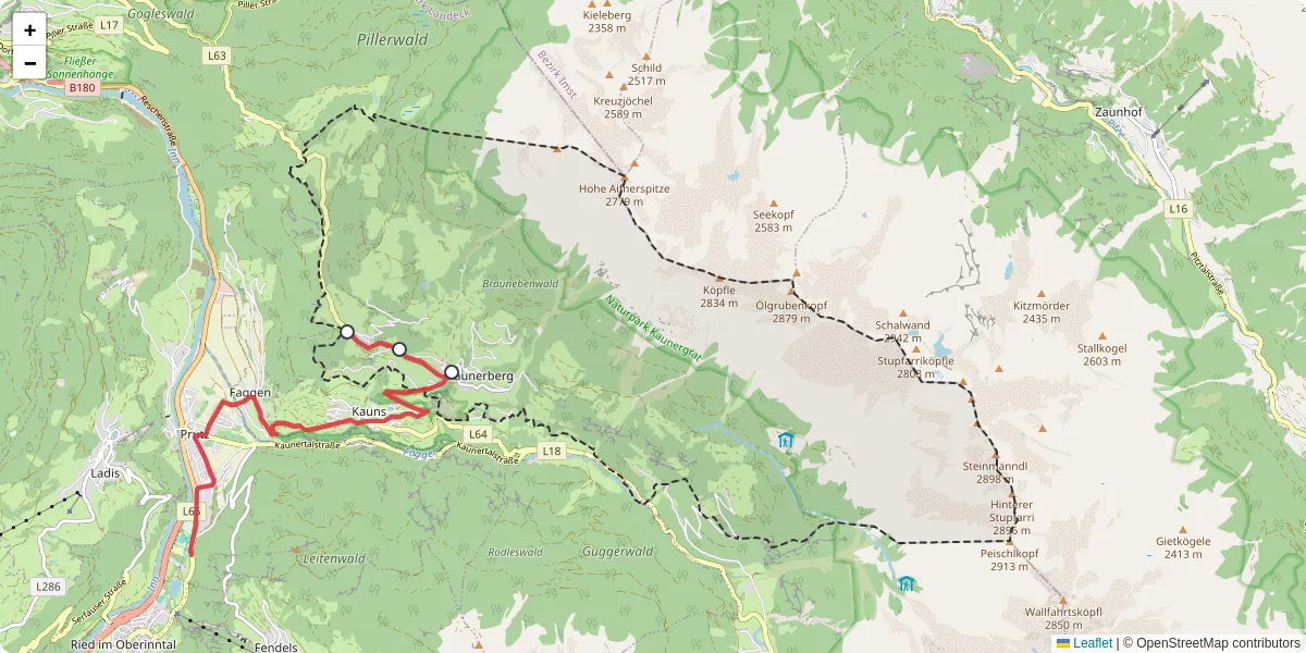 Nahverkehrsnetz in kaunerberg, Österreich - Buslinien, Haltestellen und Verbindungen auf der Karte