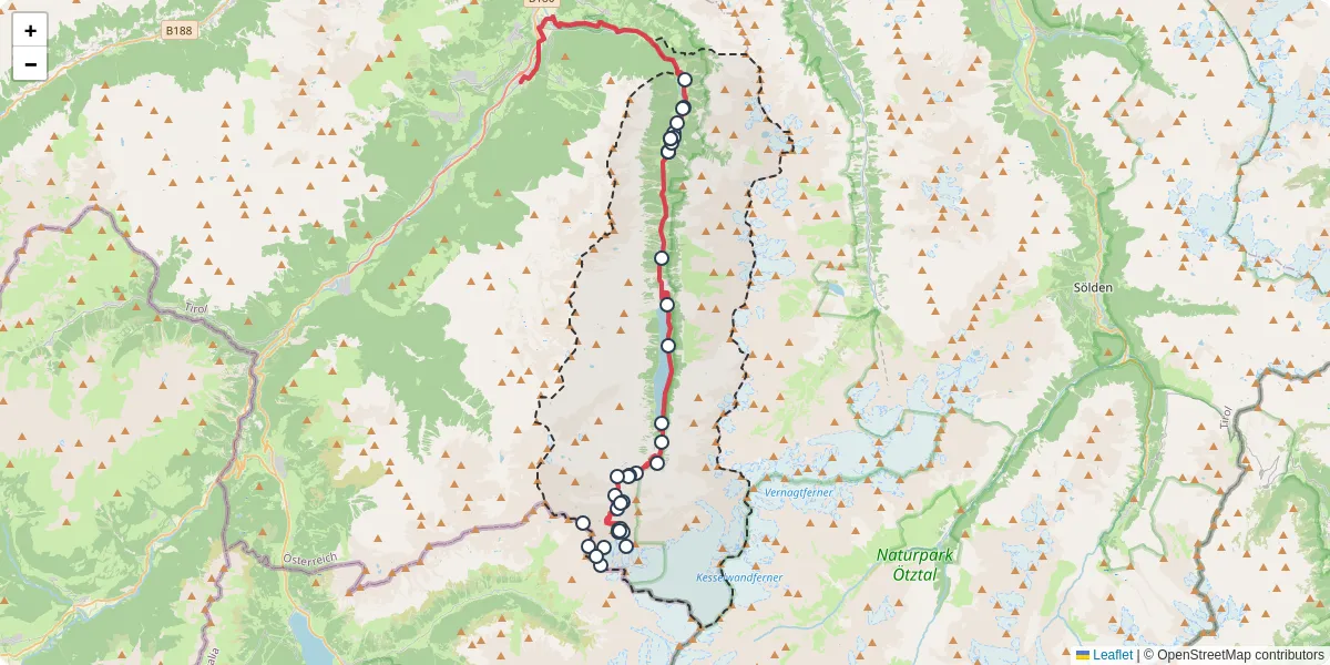 Nahverkehrsnetz in kaunertal, Österreich - Buslinien, Haltestellen und Verbindungen auf der Karte