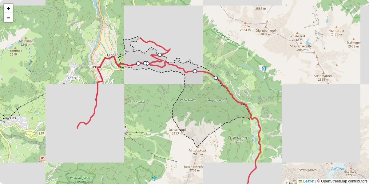 Nahverkehrsnetz in kauns, Österreich - Buslinien, Haltestellen und Verbindungen auf der Karte