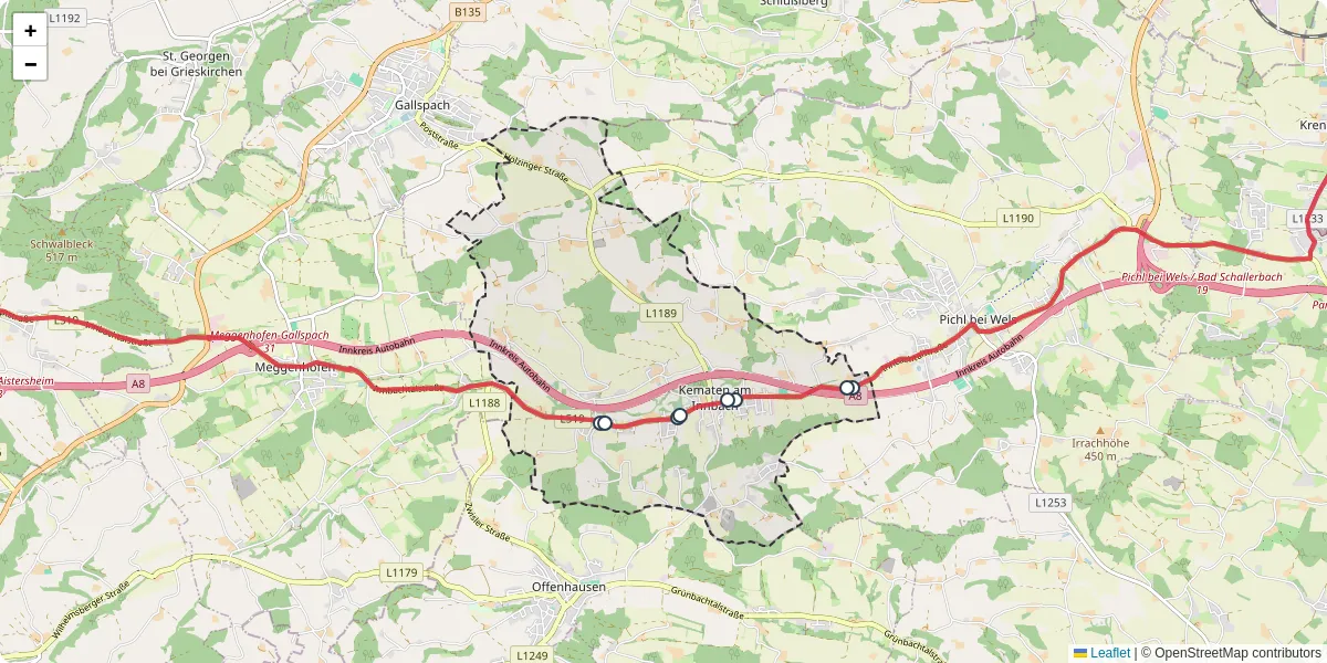 Nahverkehrsnetz in kematen-am-innbach, Österreich - Buslinien, Haltestellen und Verbindungen auf der Karte