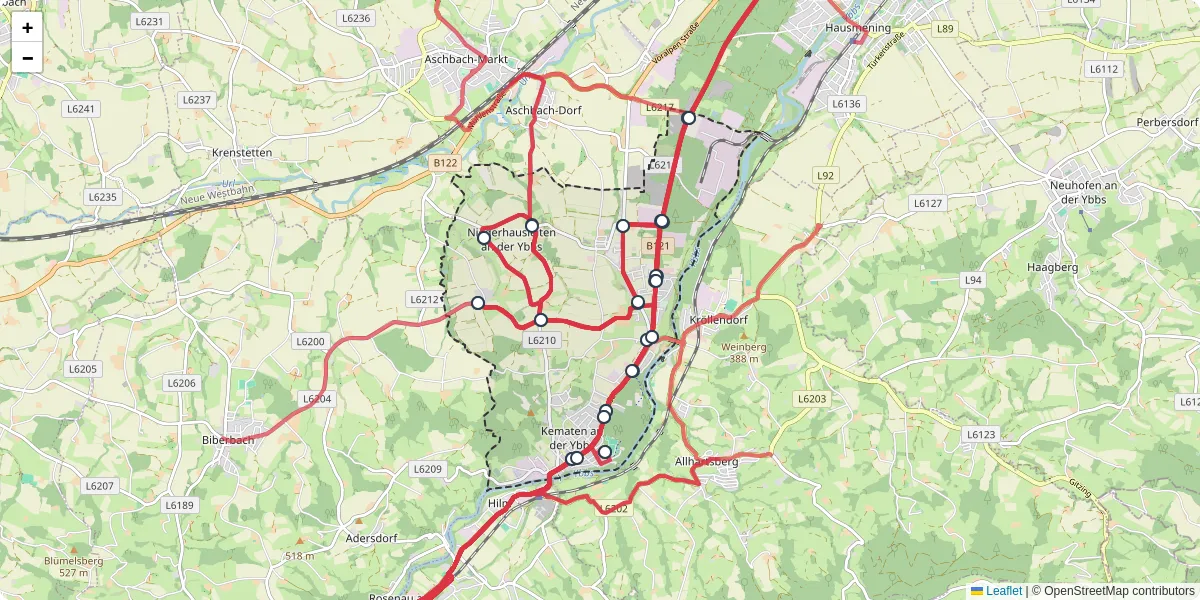 Nahverkehrsnetz in kematen-an-der-ybbs, Österreich - Buslinien, Haltestellen und Verbindungen auf der Karte