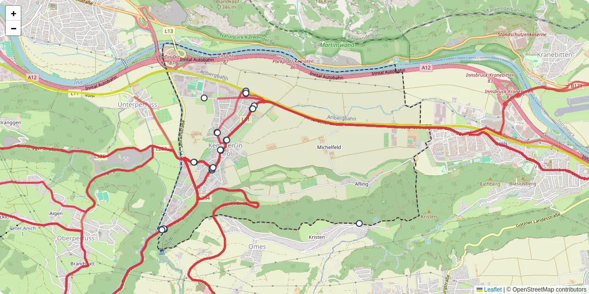 Nahverkehrsnetz in kematen-in-tirol, Österreich - Buslinien, Haltestellen und Verbindungen auf der Karte