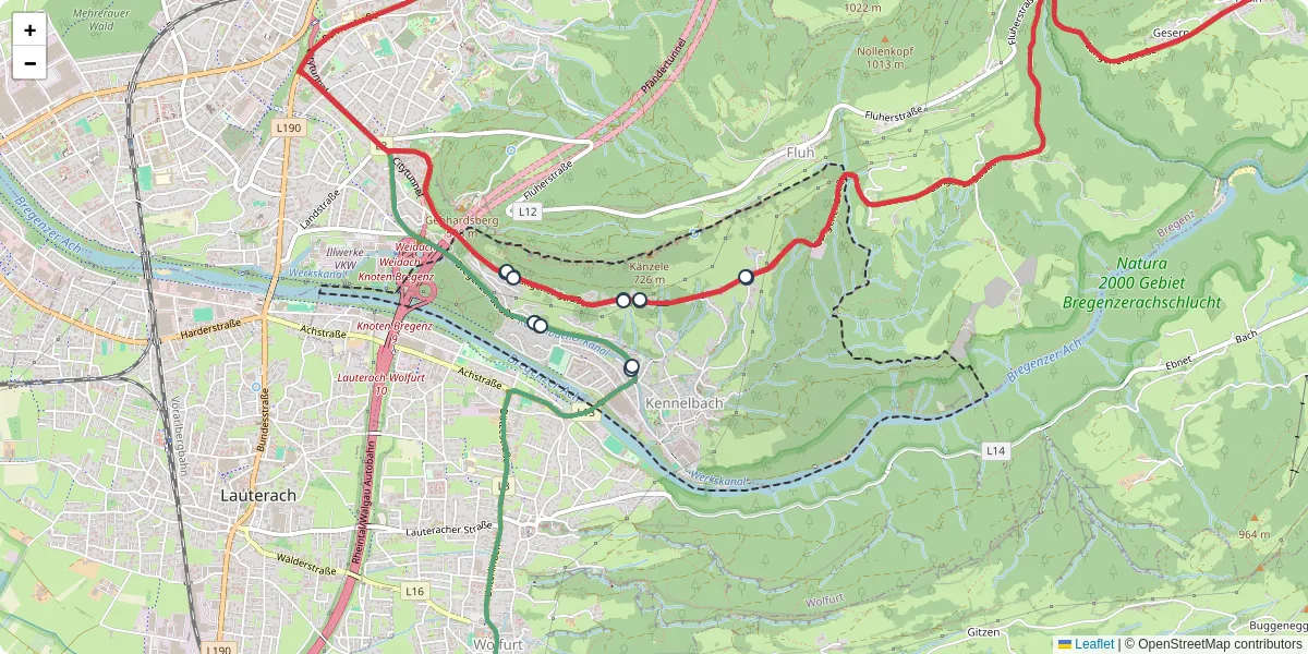 Nahverkehrsnetz in kennelbach, Österreich - Buslinien, Haltestellen und Verbindungen auf der Karte