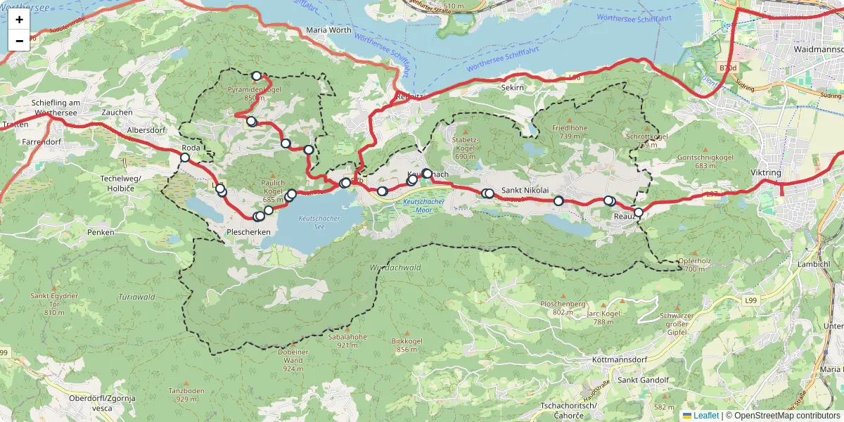 Nahverkehrsnetz in keutschach-am-see, Österreich - Buslinien, Haltestellen und Verbindungen auf der Karte