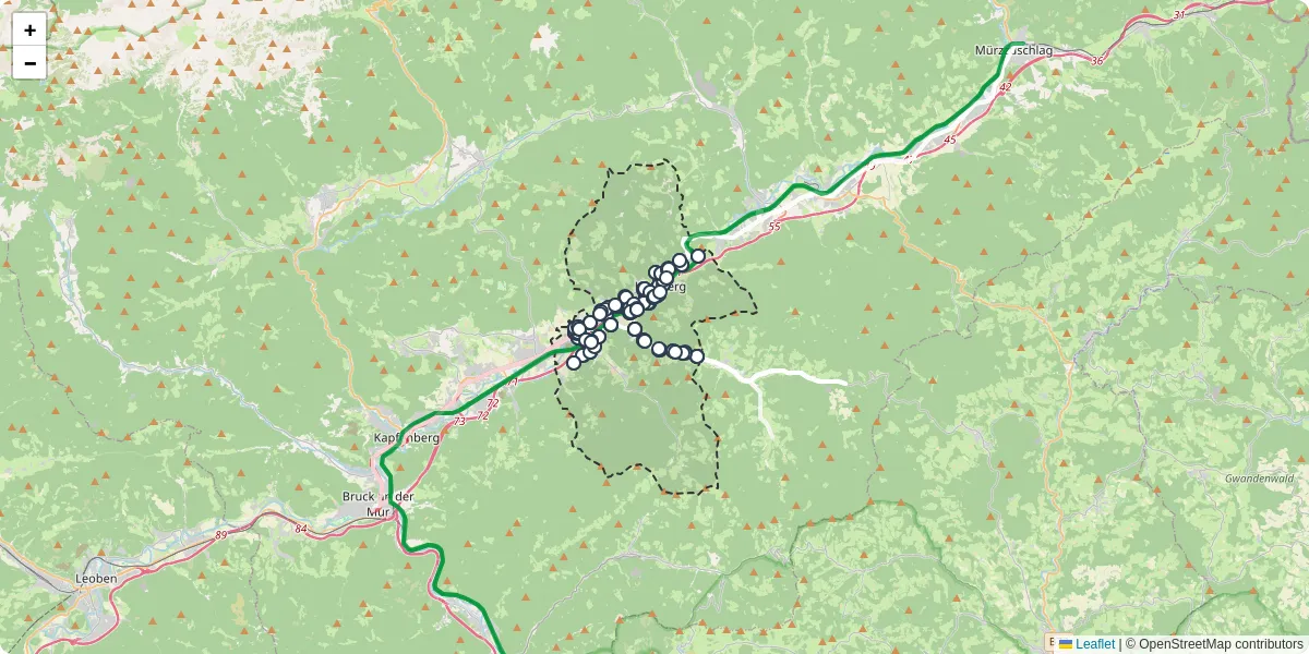 Nahverkehrsnetz in kindberg, Österreich - Buslinien, Haltestellen und Verbindungen auf der Karte
