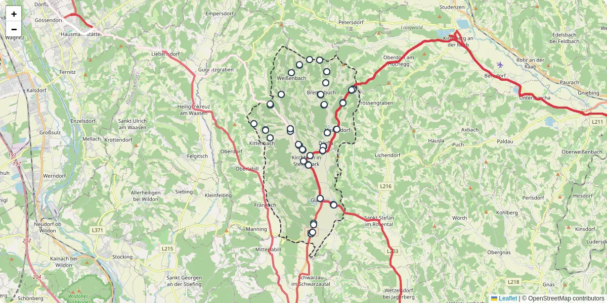 Nahverkehrsnetz in kirchbach-zerlach, Österreich - Buslinien, Haltestellen und Verbindungen auf der Karte