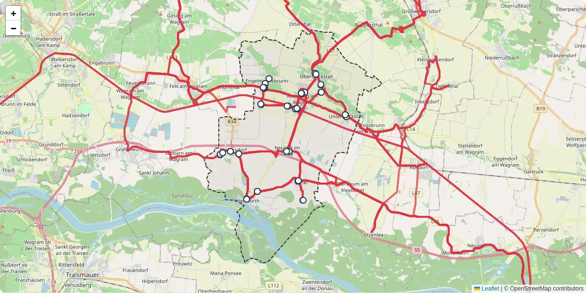 Nahverkehrsnetz in kirchberg-am-wagram, Österreich - Buslinien, Haltestellen und Verbindungen auf der Karte