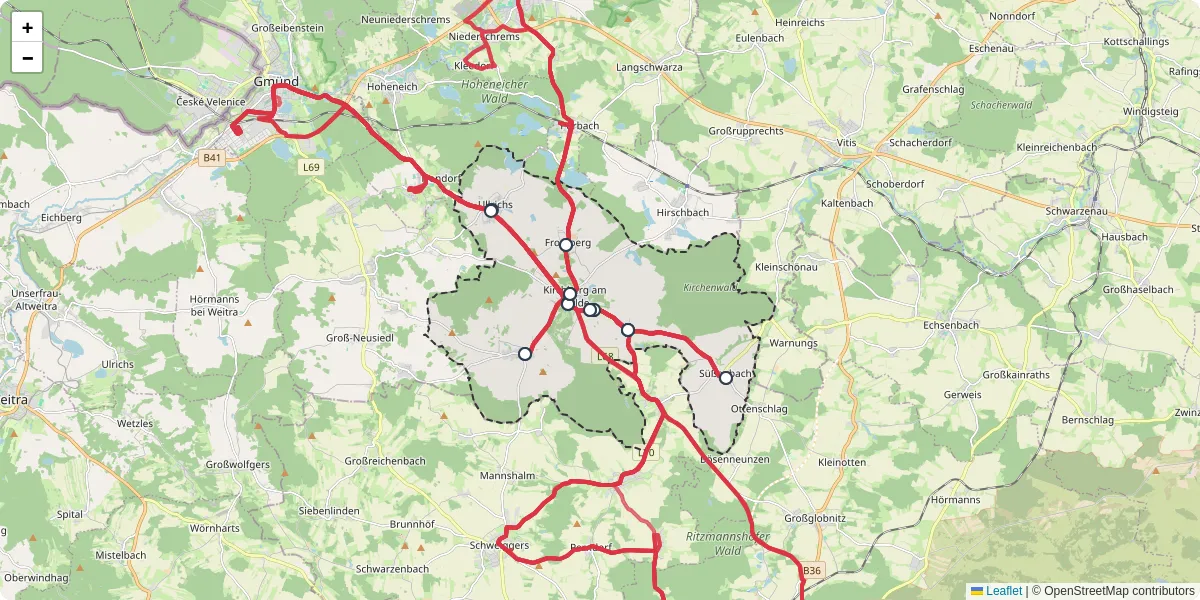 Nahverkehrsnetz in kirchberg-am-walde, Österreich - Buslinien, Haltestellen und Verbindungen auf der Karte