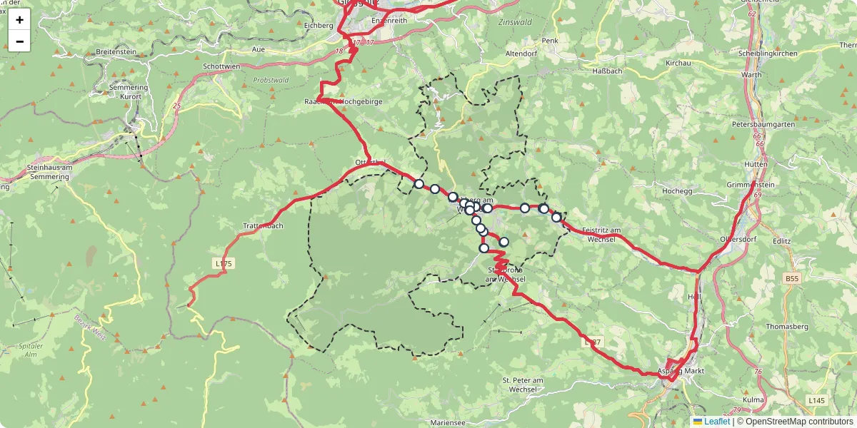 Nahverkehrsnetz in kirchberg-am-wechsel, Österreich - Buslinien, Haltestellen und Verbindungen auf der Karte